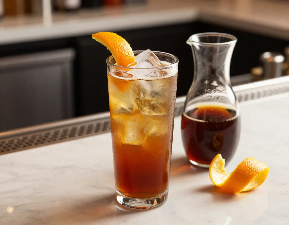 Chilled glass ice cold brew concentrate garnished orange peel serving