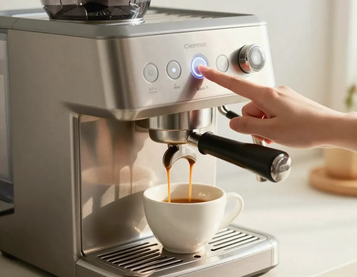 A person pressing one button on a stainless steel espresso machine at sunrise