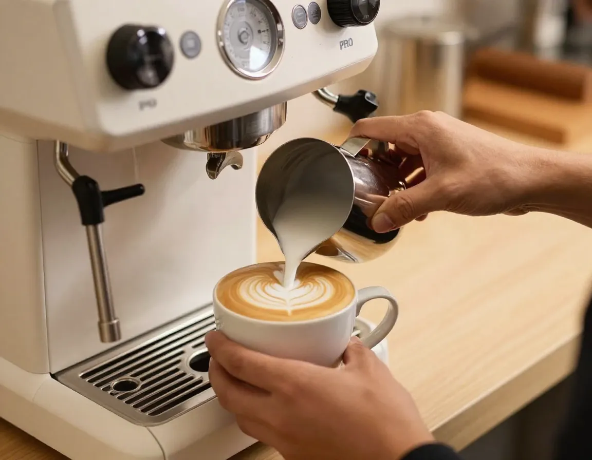Automatic steam wand frothing milk into a latte art cup on a counter