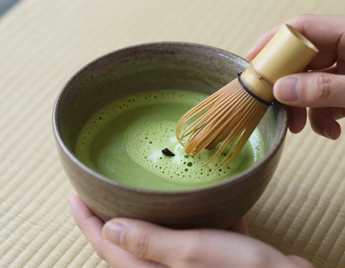 Traditional vanilla matcha tea in a chawan with bamboo whisk
