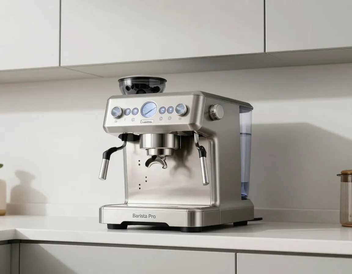 Compact stainless steel espresso machine with a large water reservoir under a cabinet