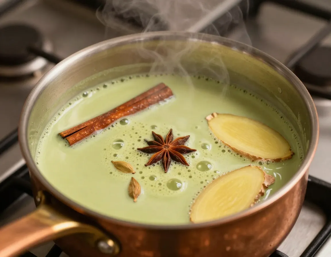 Vanilla matcha chai fusion simmering in a small saucepan with spices