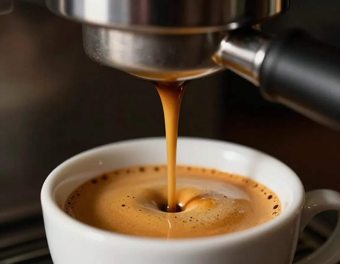 Close up of a perfect espresso shot with rich crema pouring into a cup