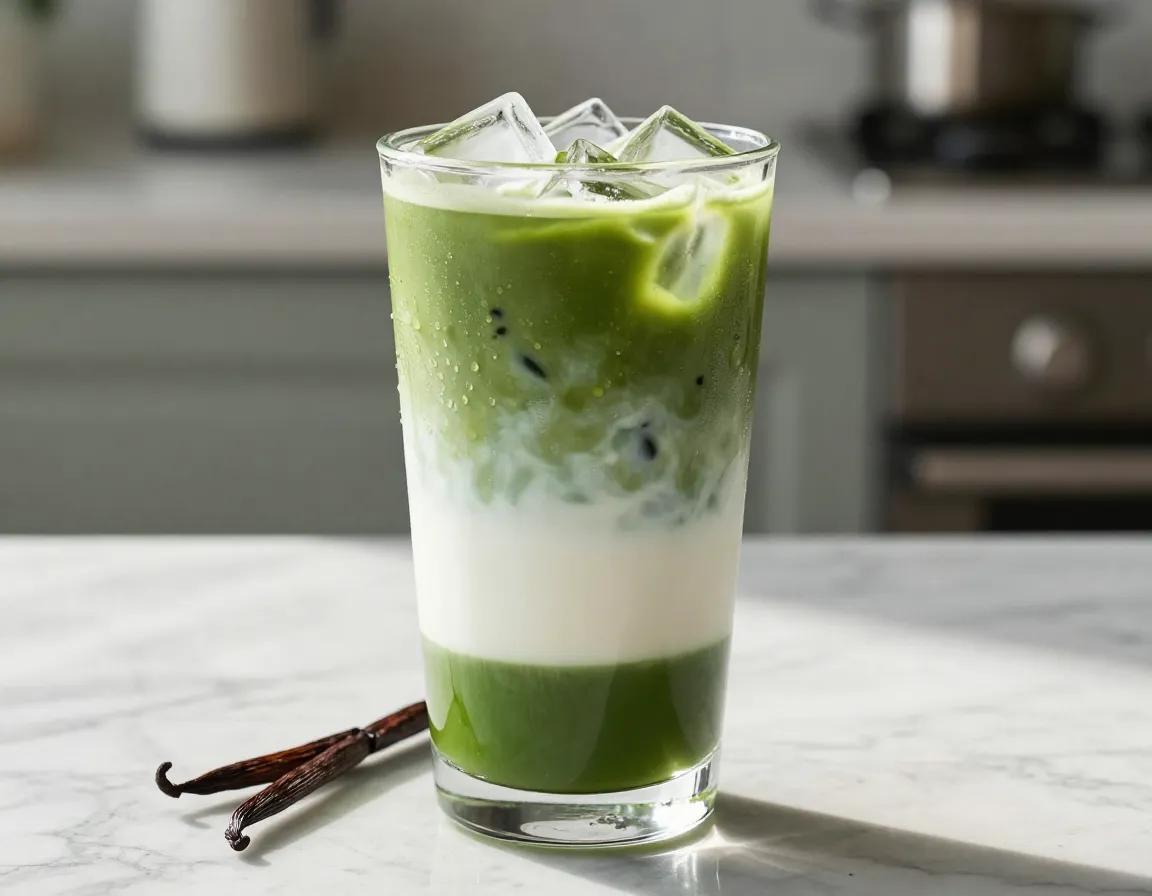 Iced vanilla matcha latte with visible layers in a tall glass