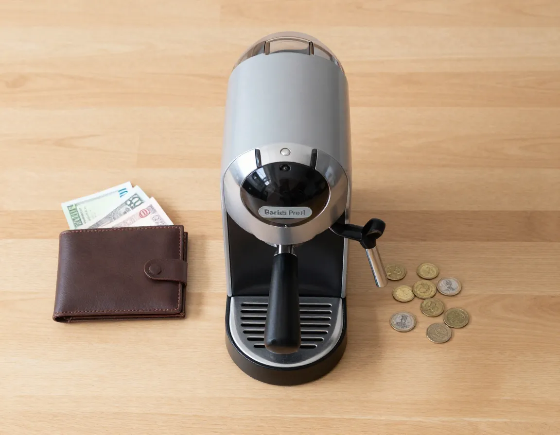 Affordable espresso machine next to a wallet and coins on a table