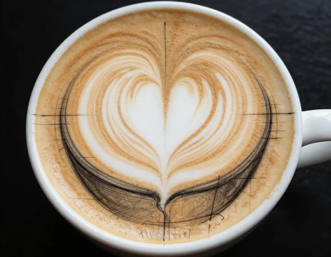 Coffee cup with detailed heart shaped latte art foam