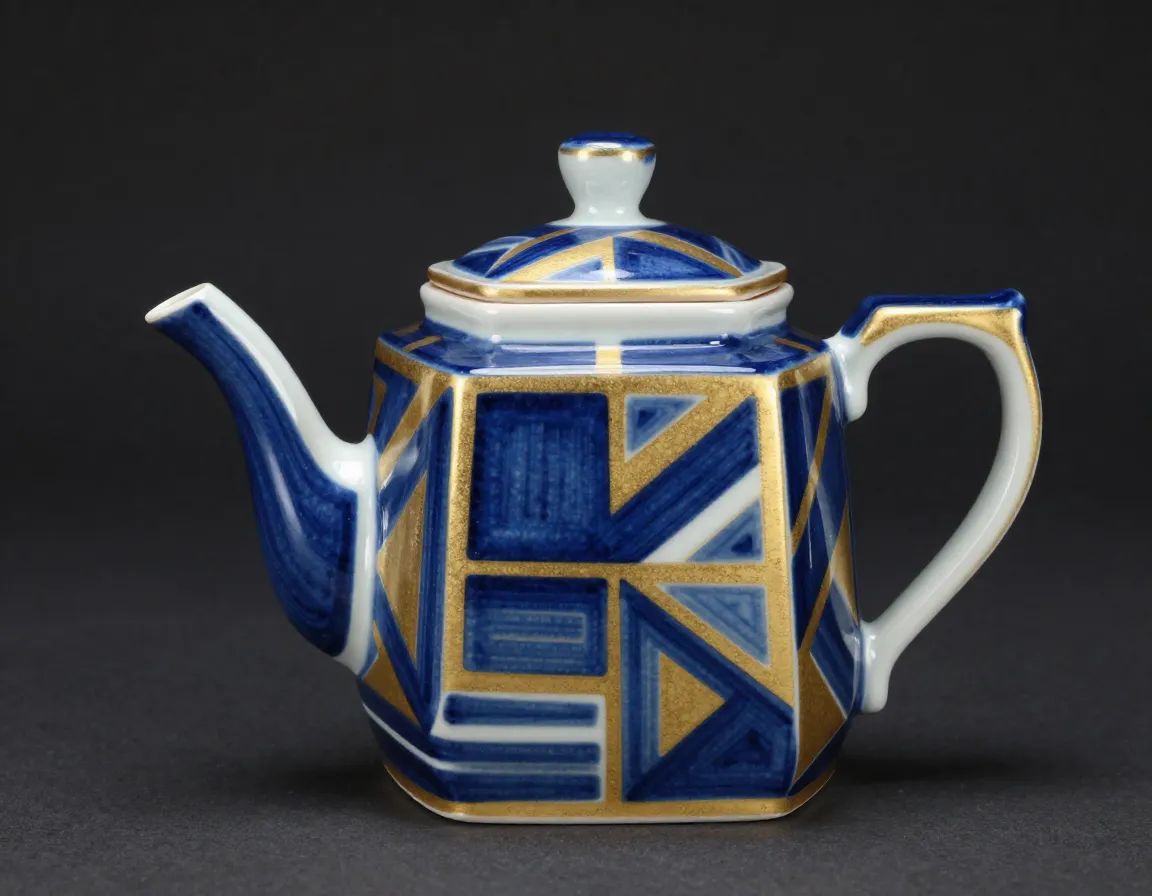 Contemporary ceramic teapot with blue and gold geometric patterns