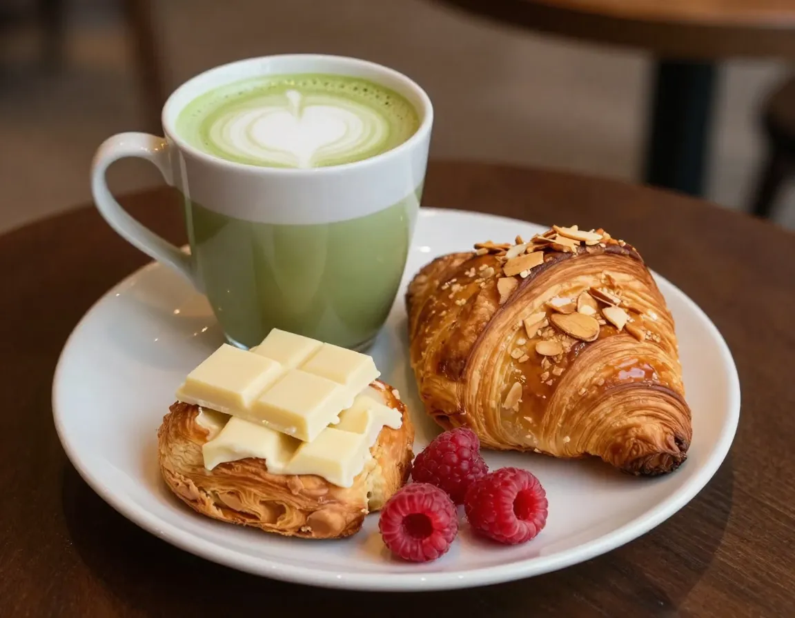 Vanilla matcha latte paired with white chocolate and almond pastries on a plate