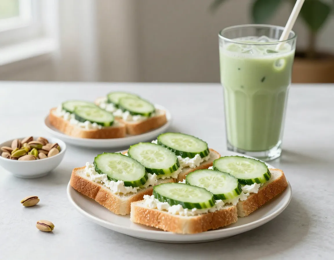 Savory plate of soft goat cheese cucumber sandwiches beside a cold matcha glass