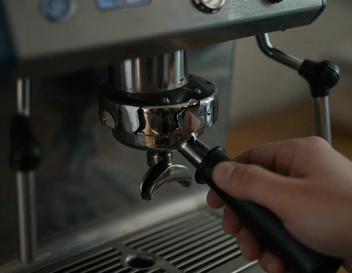 A broken portafilter stuck and jammed in the espresso machine group head