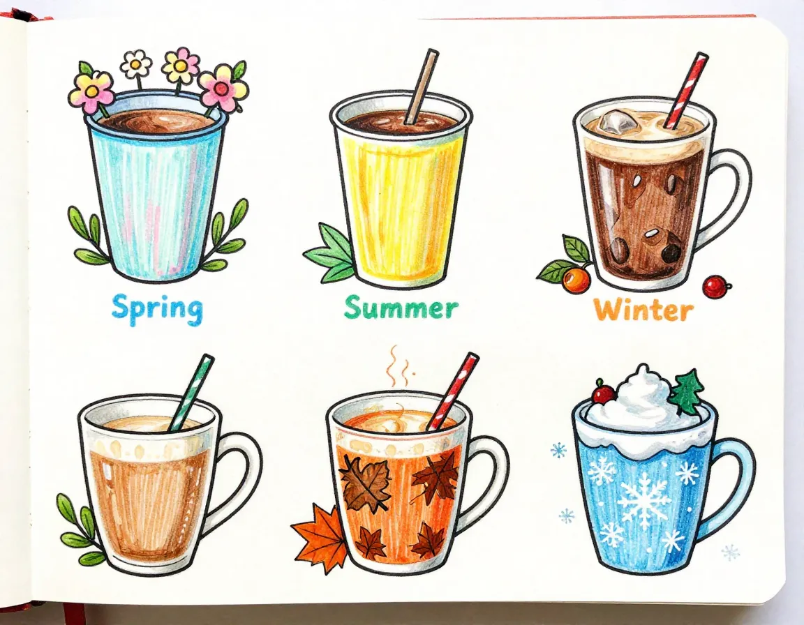 Seasonal collection of four themed coffee cup doodles