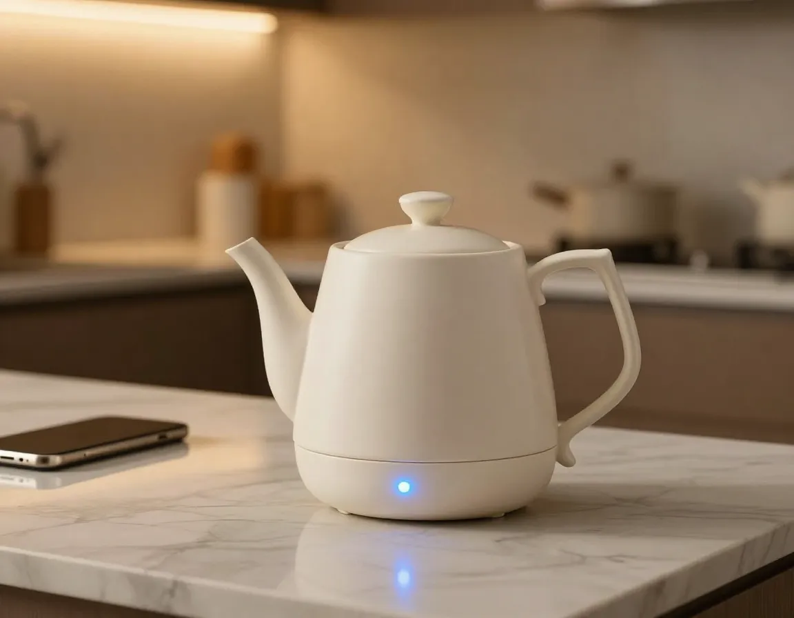 Smart ceramic teapot with subtle led indicator on marble