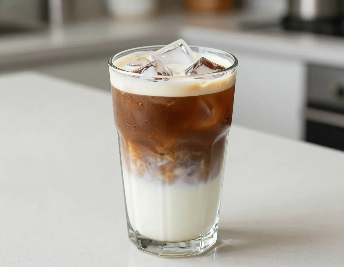 Classic vanilla sweet cream cold brew layered in tall glass with ice