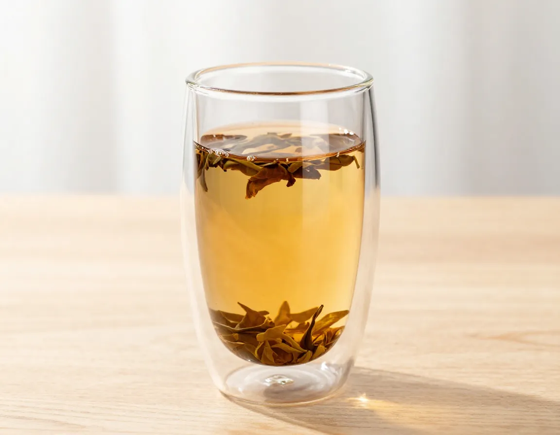 Double wall borosilicate glass tea cup on wooden surface with steeping tea