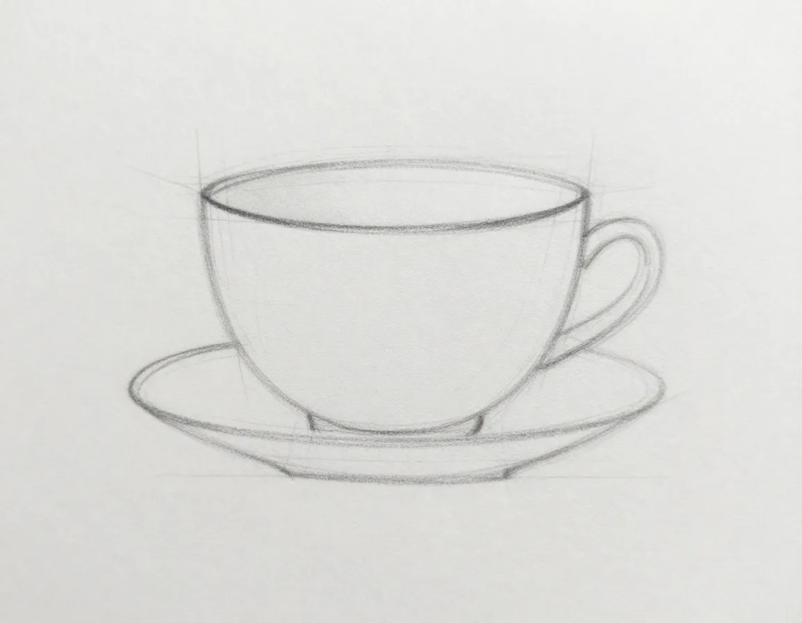 Teacup drawing initial oval outline near paper center