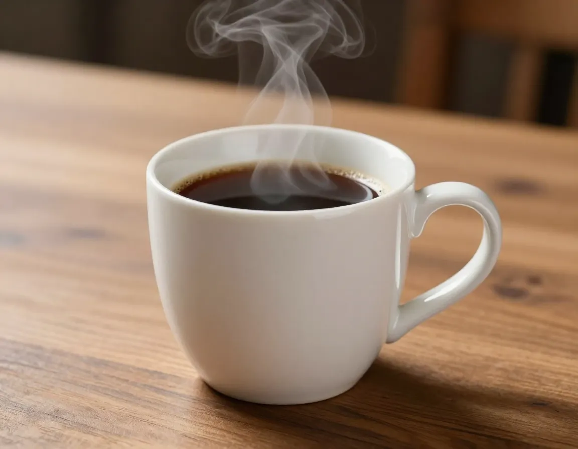 Traditional ceramic coffee mug on wooden table with steam rising
