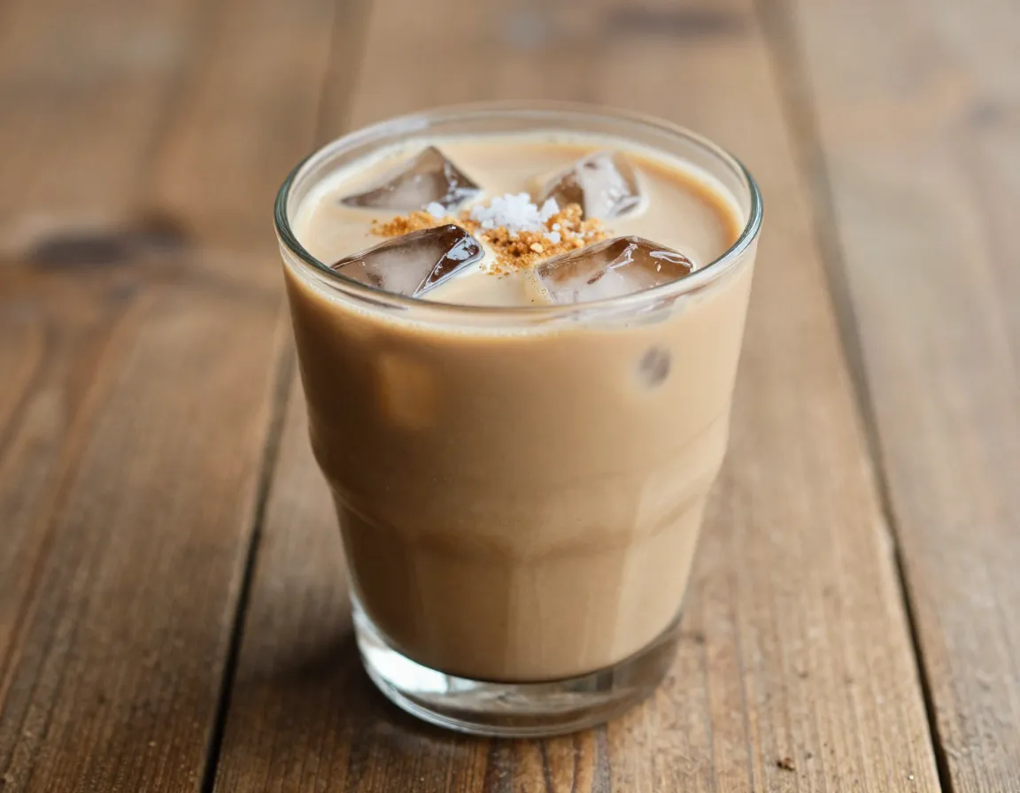 Brown sugar vanilla cold brew with sea salt on rustic table