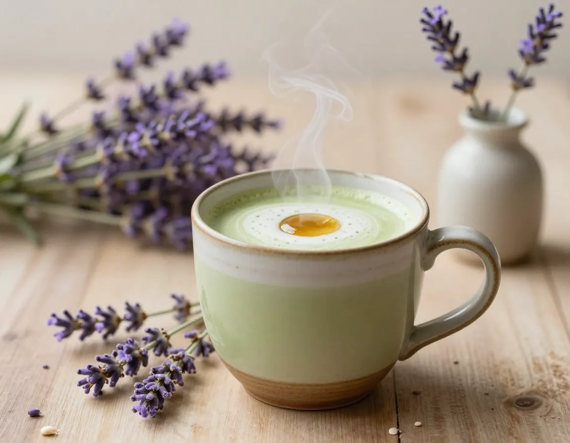 Lavender spring matcha latte in glass with oat milk and honey