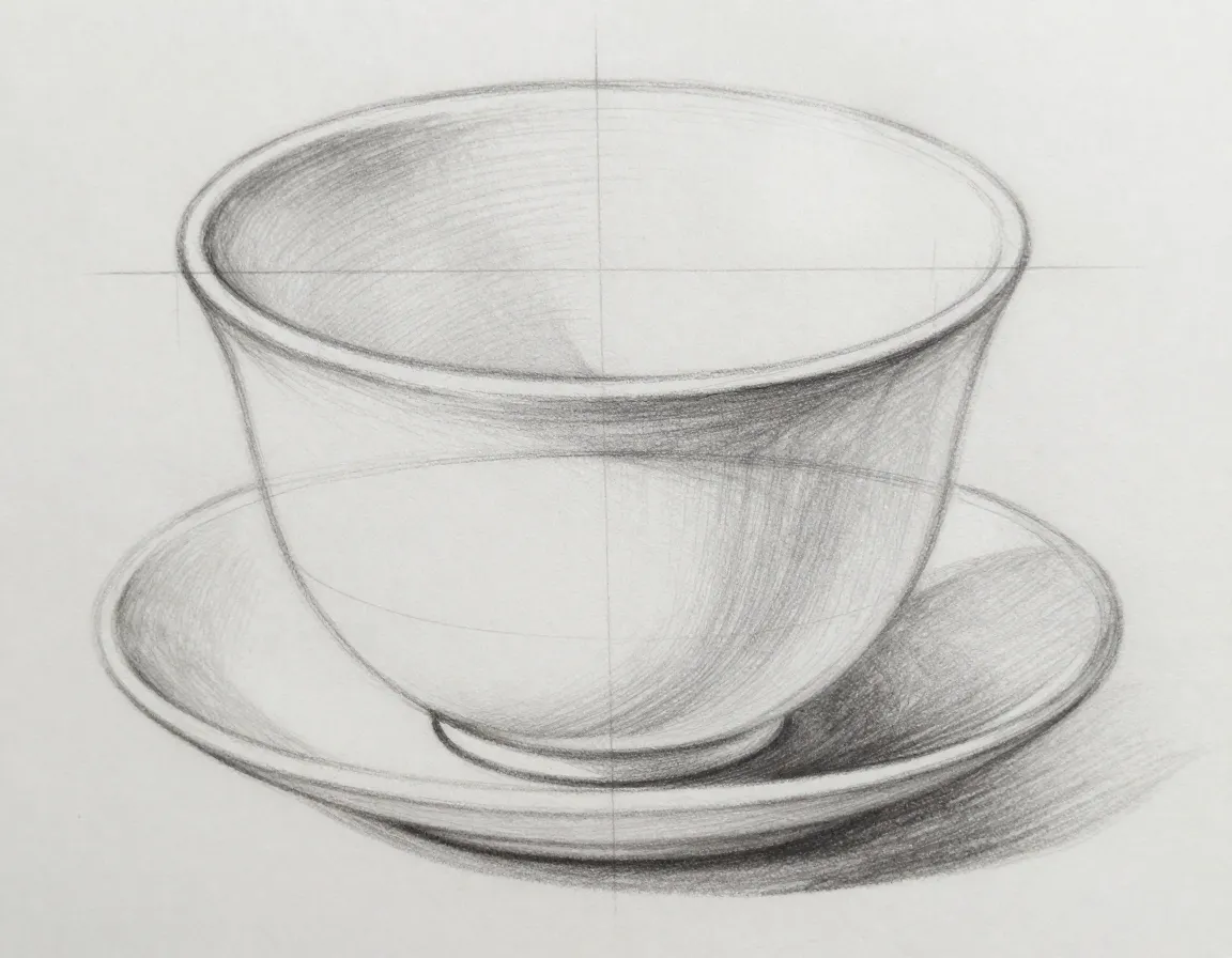 Teacup drawing body larger oval overlapping initial shape