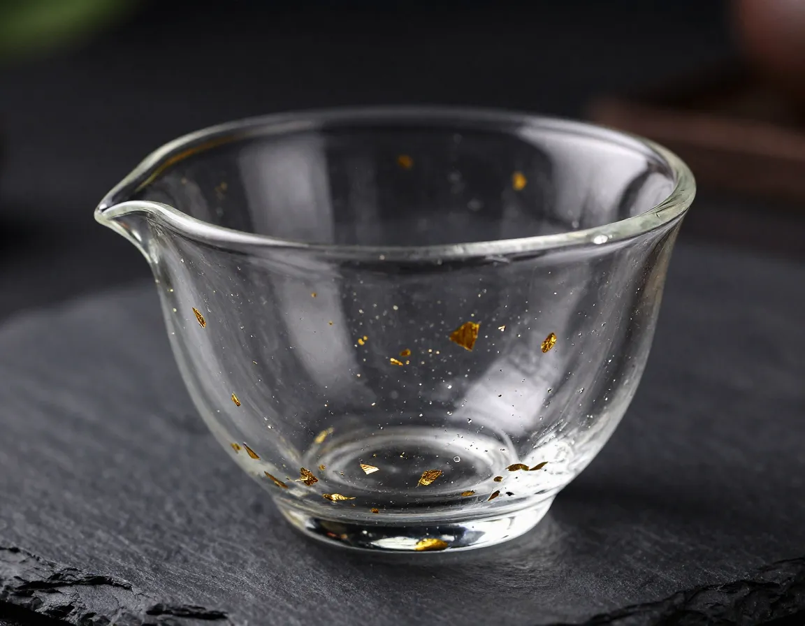 Unique hand blown artisan glass tea cup with organic shape and gold flakes