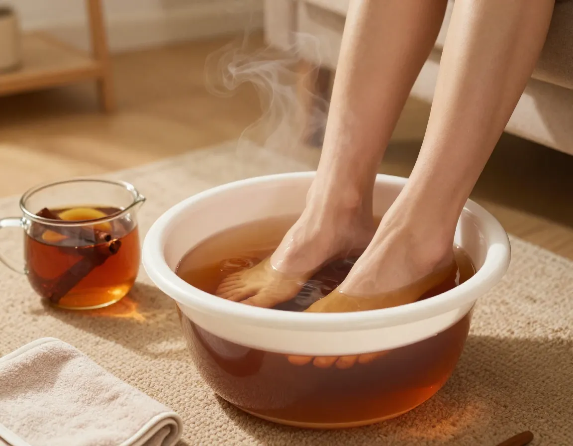 Person soaking tired feet in warm cinnamon tea foot bath