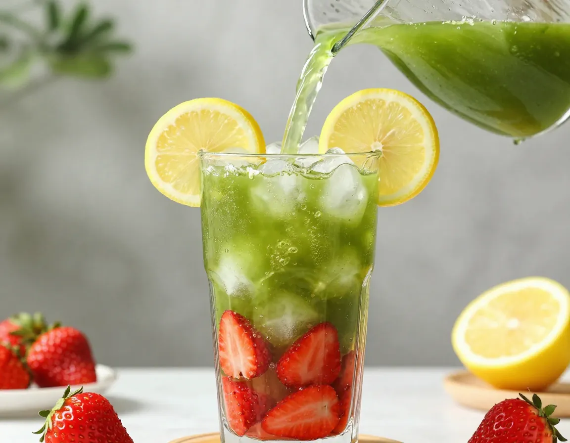 Strawberry matcha lemonade with muddled fruit and ice cubes
