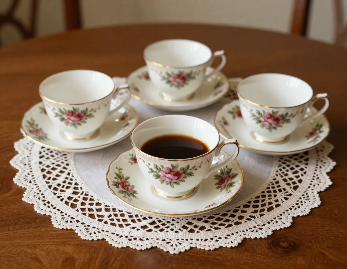 Vintage floral coffee cup and saucer on lace doily table
