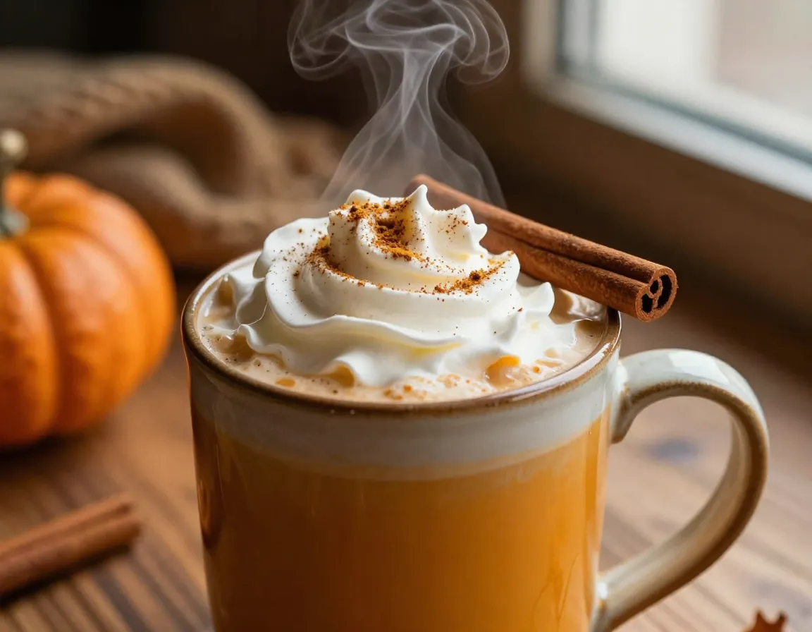 Pumpkin spice matcha latte with cinnamon stick and whipped cream