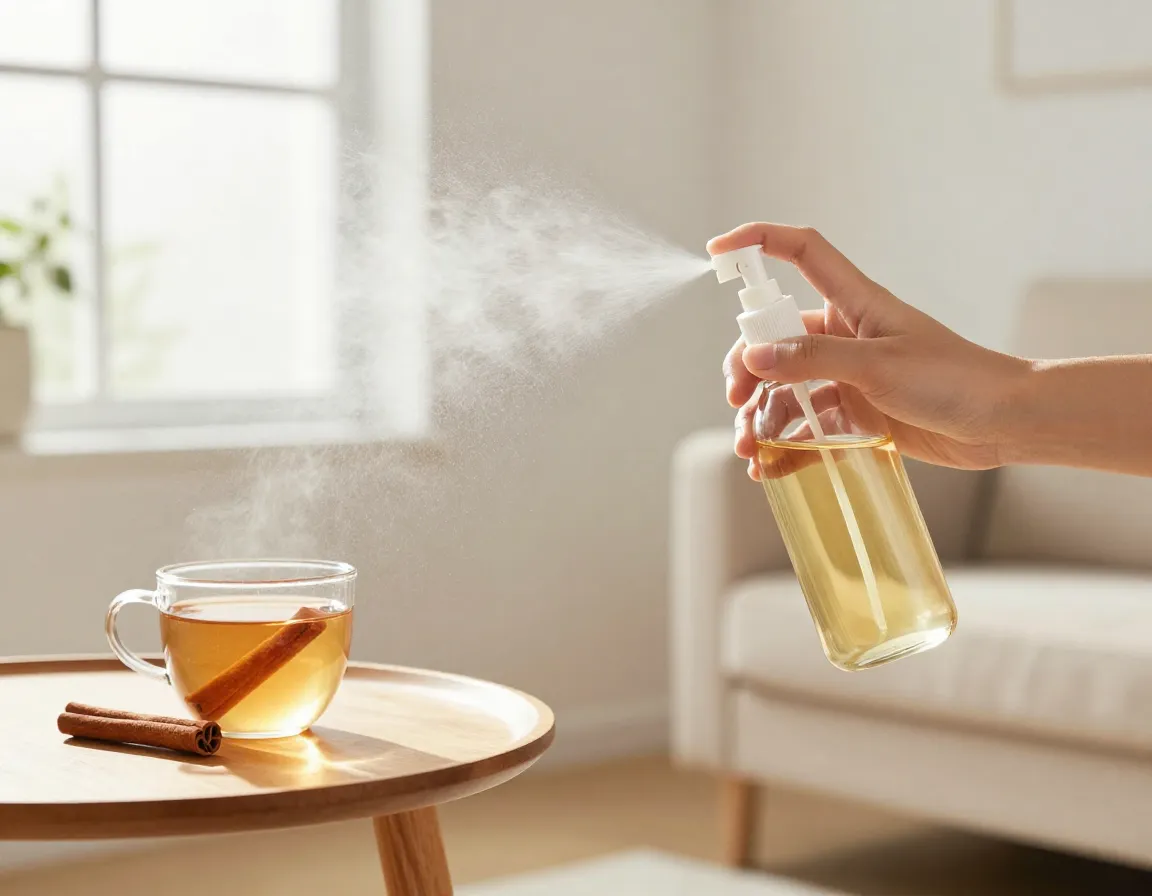Spray bottle misting cinnamon tea air freshener in sunny room