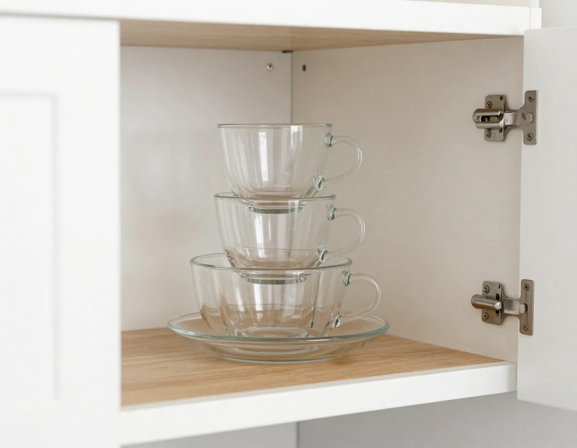 Stackable clear glass tea cup set neatly nested in a kitchen cupboard