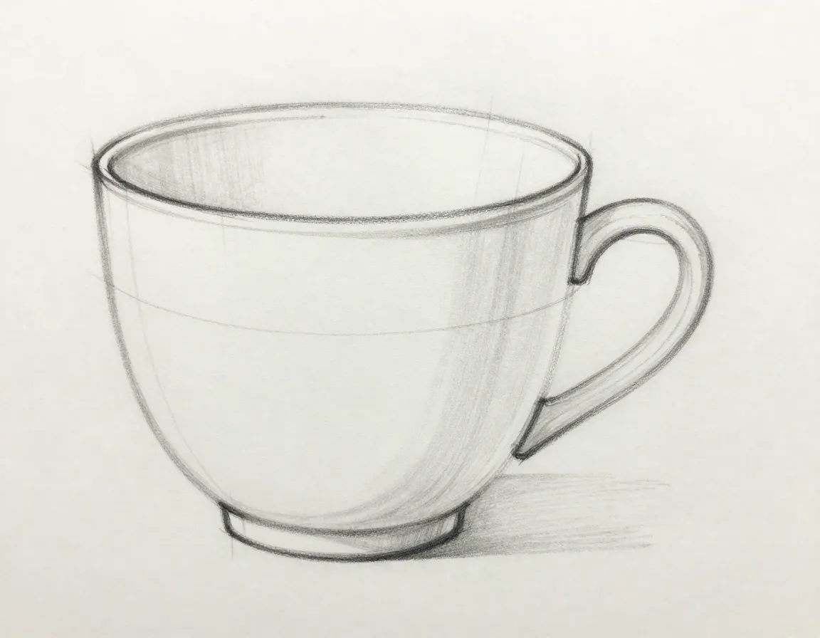 Teacup drawing c shaped handle framework extending from side