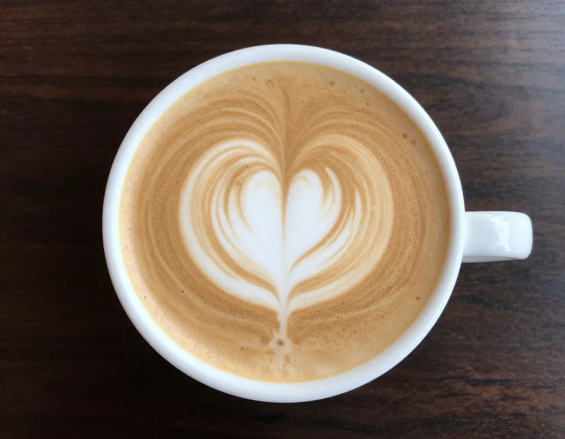 Top down view of coffee cup with heart latte art
