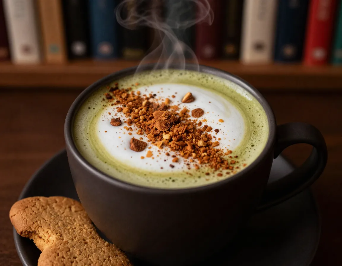 Gingerbread matcha latte garnished with crumbled spiced cookie