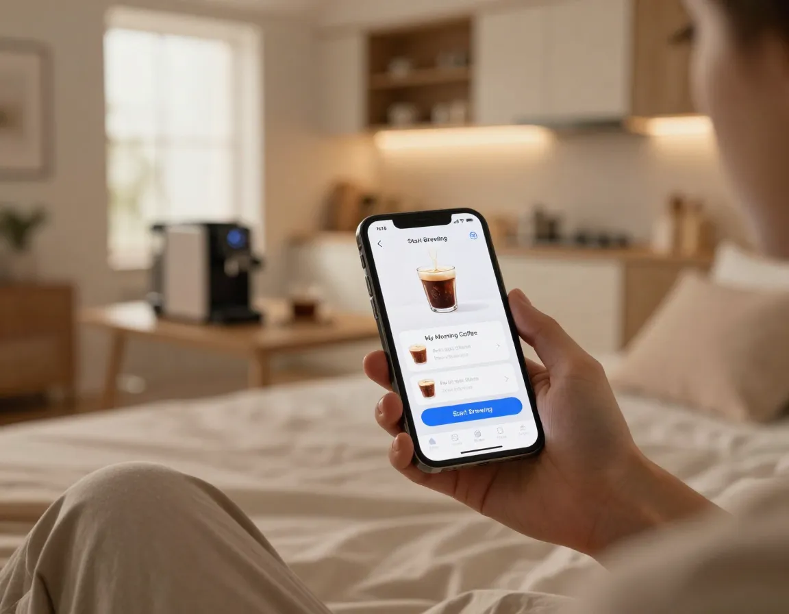 Smart home app remote brewing control from a smartphone in bed