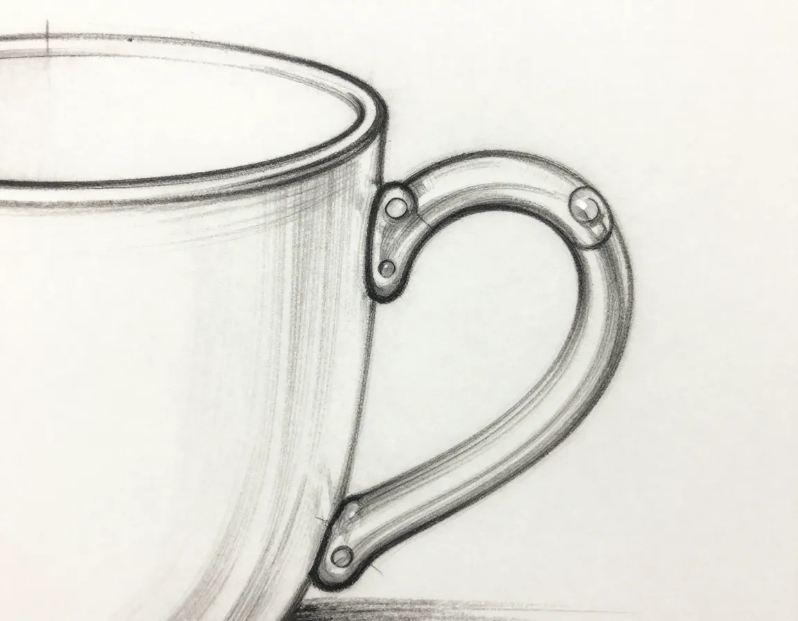 Teacup drawing thickened handle with clear connection points