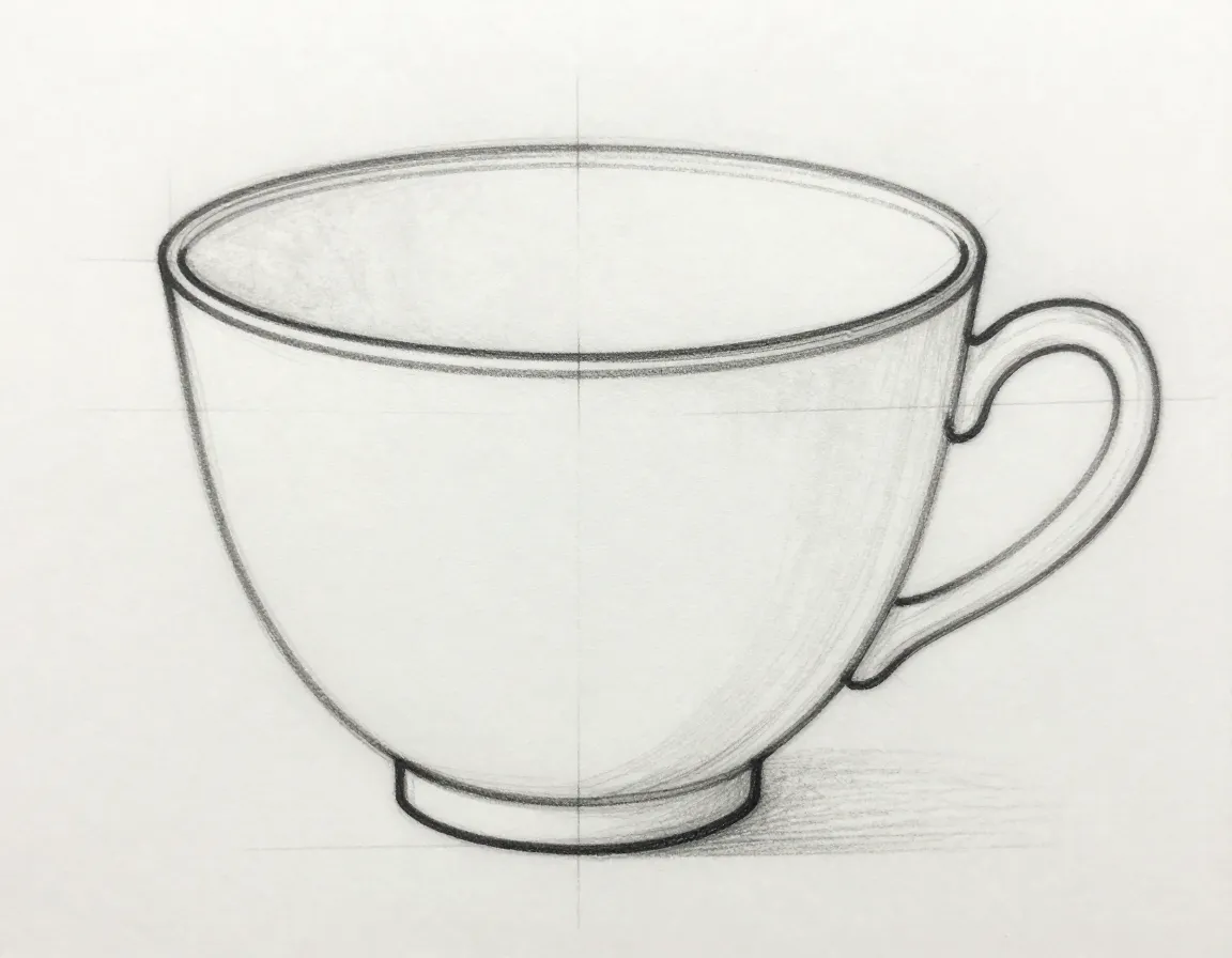 Teacup drawing refined outlines and subtle rim thickness