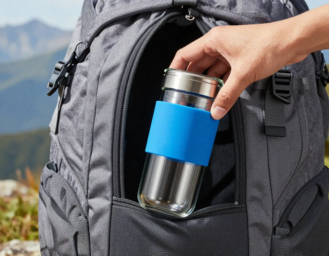 Travel friendly glass tea cup with bright blue silicone sleeve in backpack