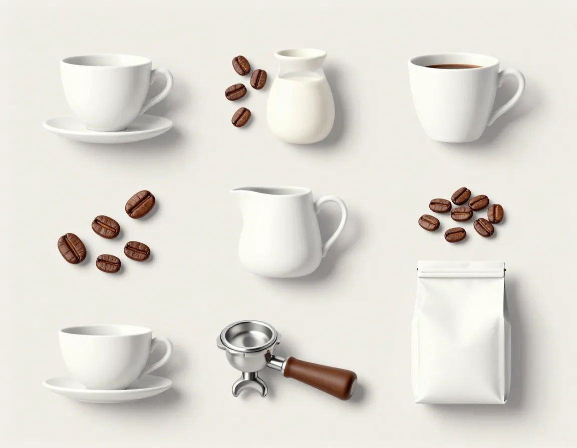Arranged set of coffee theme objects representing icon collection