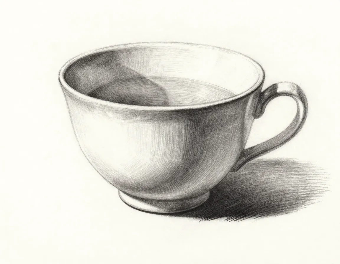 Teacup drawing with three dimensional shading from left