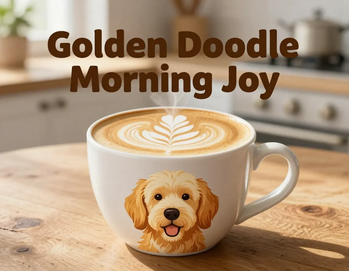 Golden doodle coffee mug sunlit kitchen morning ritual
