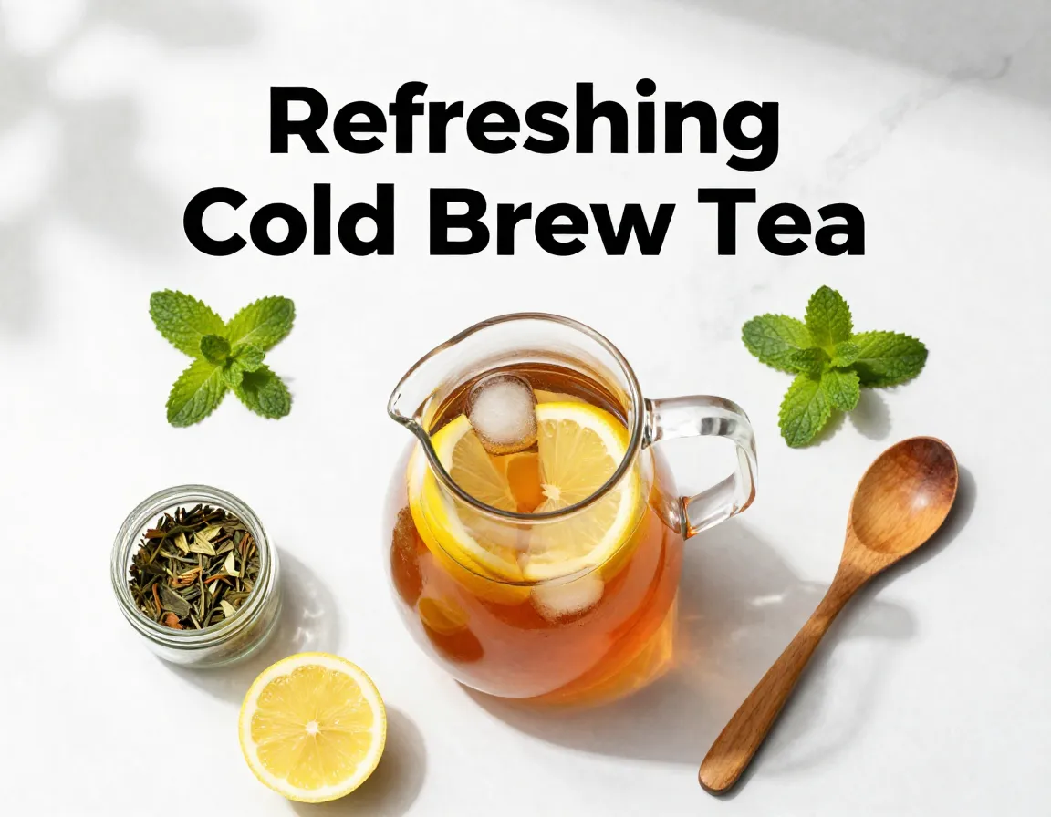 Overhead summer cold brew tea pitcher with ice fruit herbs