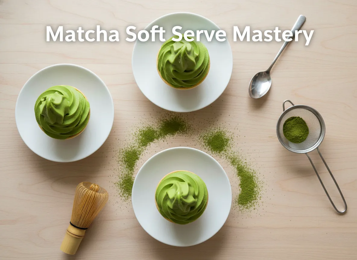 Vibrant matcha soft serve cones with traditional tea tools