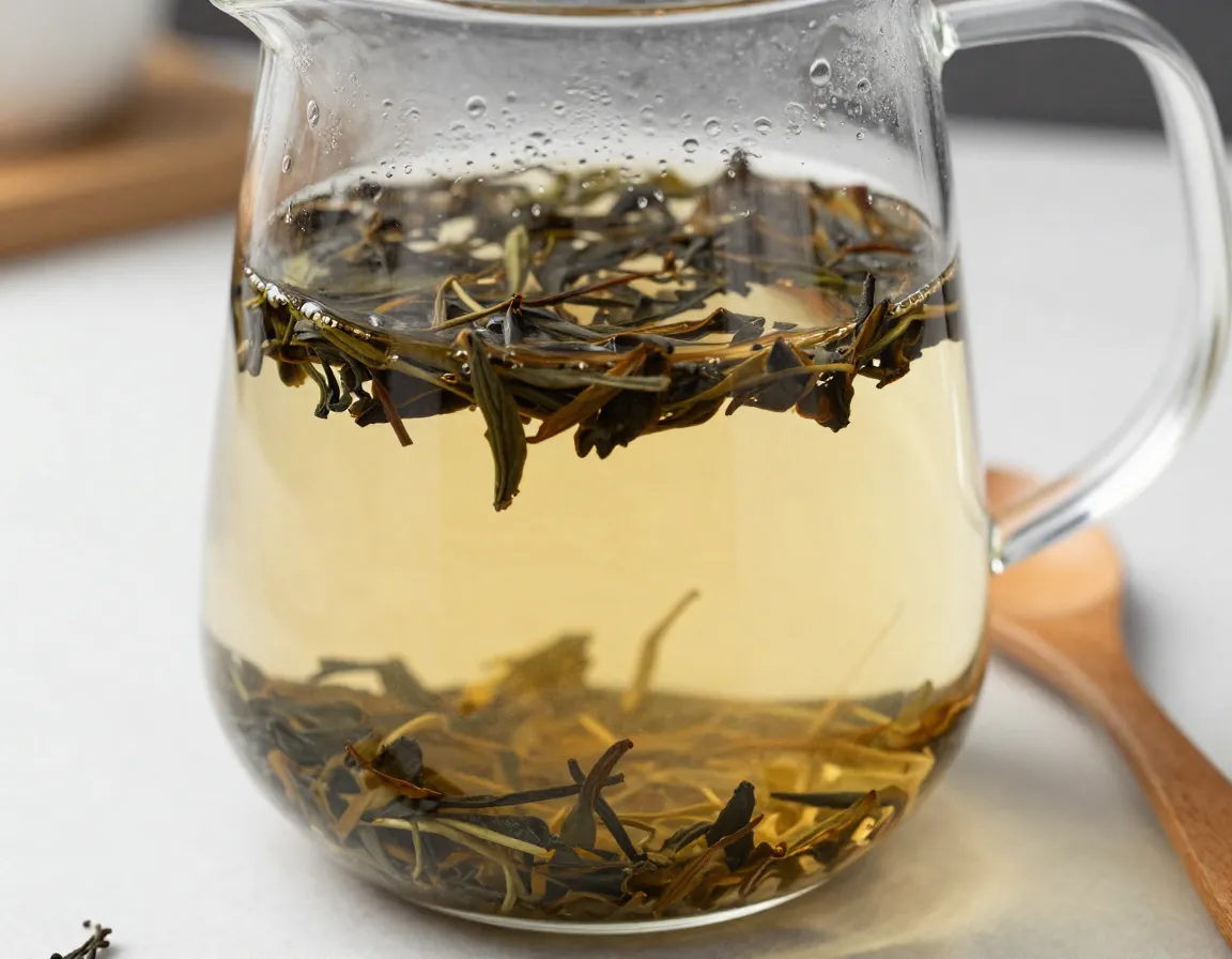 Classic black tea leaves steeping in cold water glass pitcher
