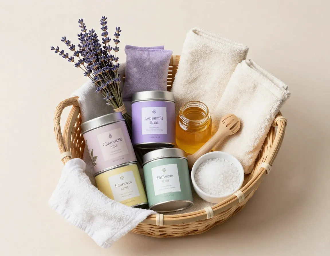 Spa relaxation basket with chamomile lavender mint and soothing accessories