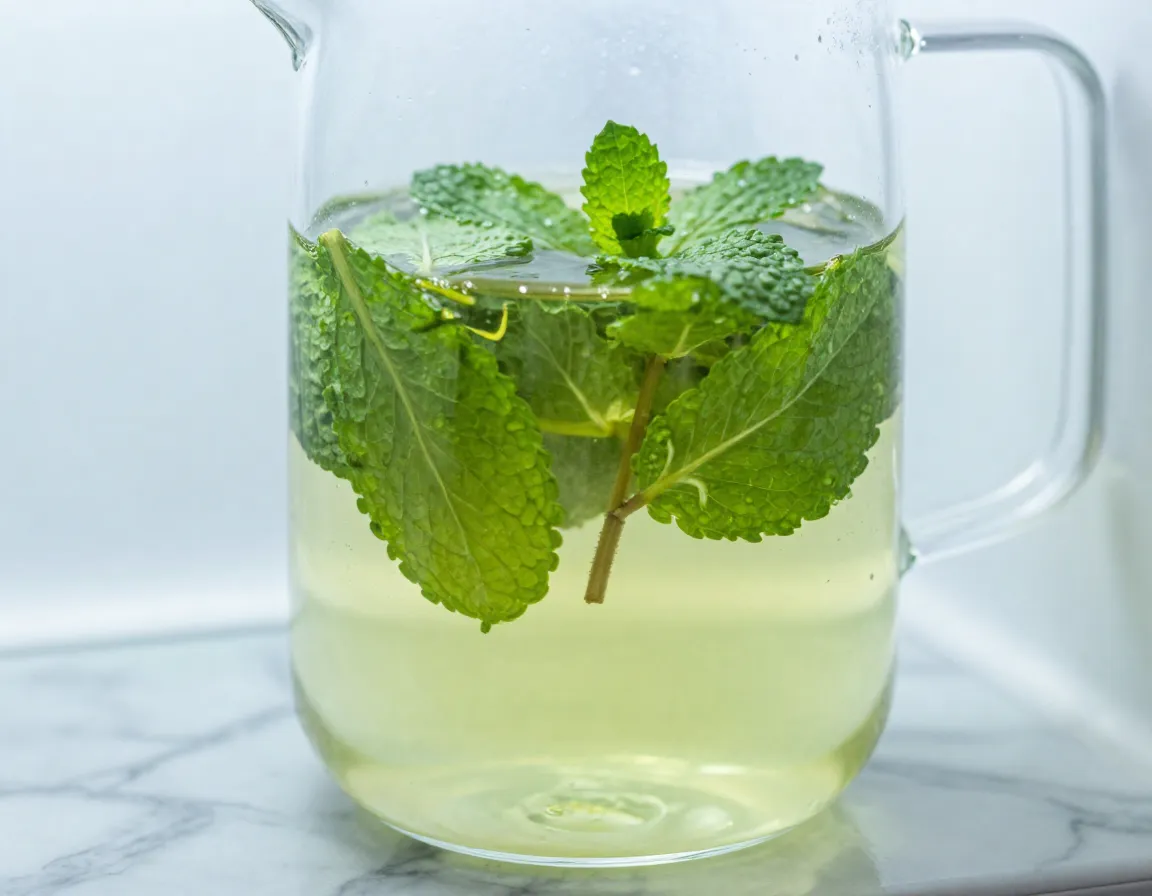Green tea and fresh mint leaves cold brewing in clear pitcher