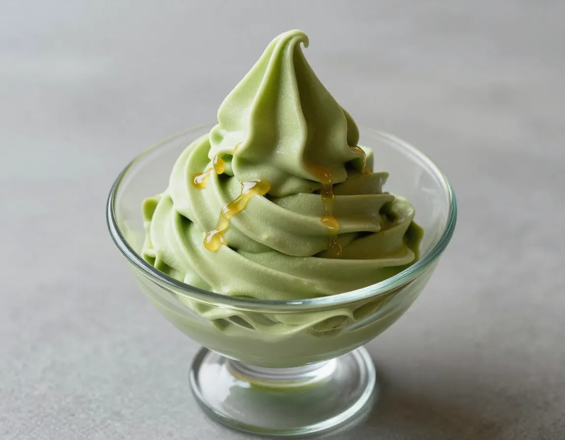 Hokkaido style creamy matcha soft serve in a glass bowl