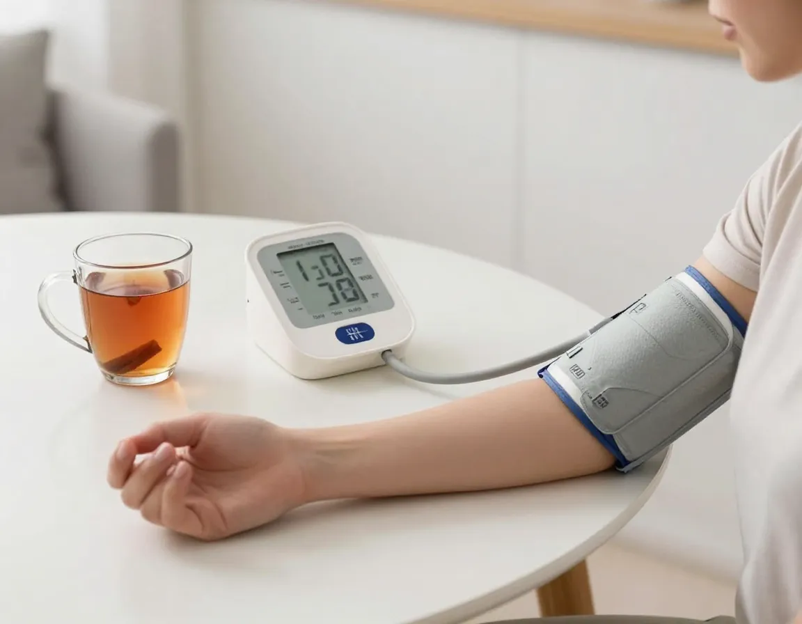 Person using digital blood pressure monitor with cinnamon tea