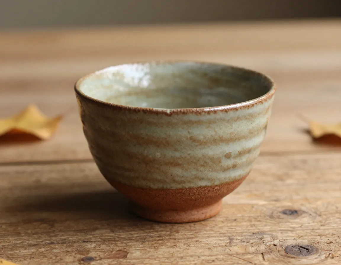 Rustic ceramic tea cup with earthy glaze on wooden surface