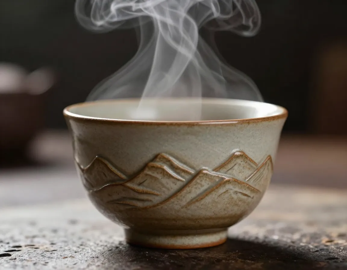 Ceramic tea cup with raised mountain ridge pattern and steam