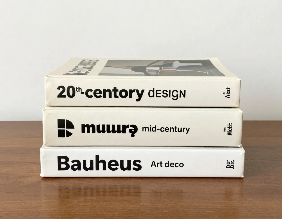 A stack of three design history books covering mid century modern and bauhaus movements